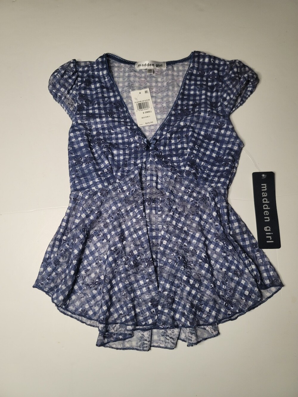 Madden Girl Blue & White Plaid Lace Peplum V-Neck Blouse XS